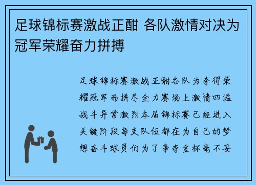 足球锦标赛激战正酣 各队激情对决为冠军荣耀奋力拼搏