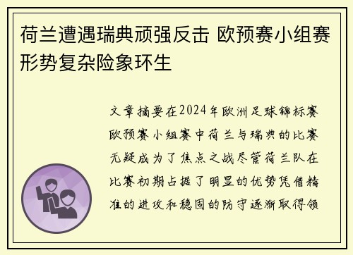 荷兰遭遇瑞典顽强反击 欧预赛小组赛形势复杂险象环生