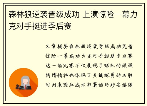 森林狼逆袭晋级成功 上演惊险一幕力克对手挺进季后赛