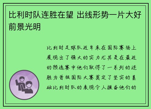 比利时队连胜在望 出线形势一片大好前景光明