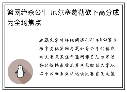 篮网绝杀公牛 厄尔塞葛勒砍下高分成为全场焦点