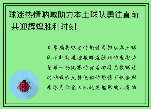球迷热情呐喊助力本土球队勇往直前 共迎辉煌胜利时刻