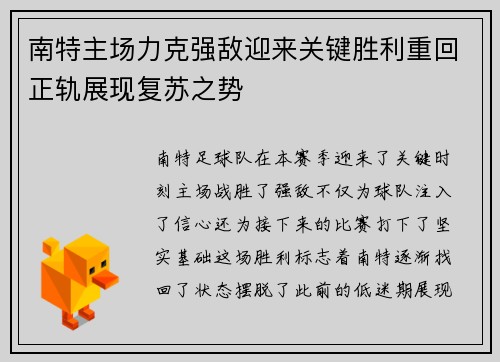 南特主场力克强敌迎来关键胜利重回正轨展现复苏之势