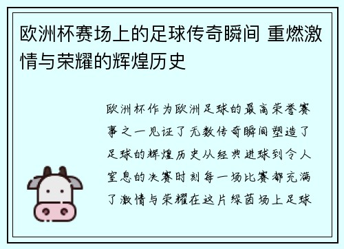 欧洲杯赛场上的足球传奇瞬间 重燃激情与荣耀的辉煌历史