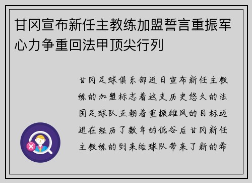 甘冈宣布新任主教练加盟誓言重振军心力争重回法甲顶尖行列