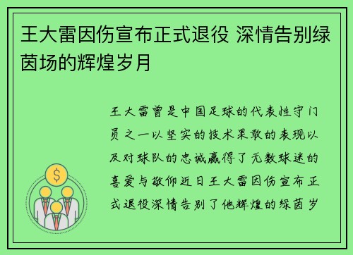 王大雷因伤宣布正式退役 深情告别绿茵场的辉煌岁月