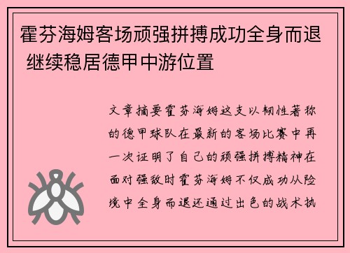 霍芬海姆客场顽强拼搏成功全身而退 继续稳居德甲中游位置