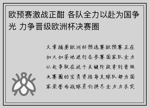 欧预赛激战正酣 各队全力以赴为国争光 力争晋级欧洲杯决赛圈