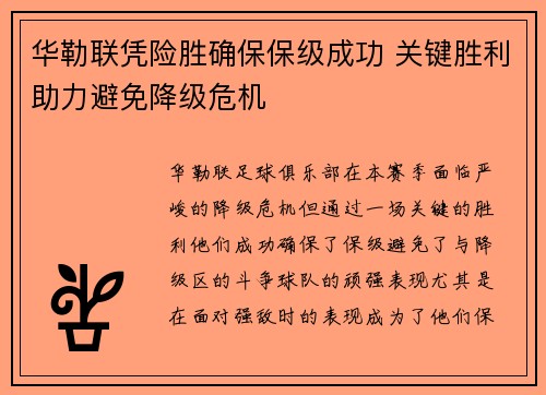 华勒联凭险胜确保保级成功 关键胜利助力避免降级危机