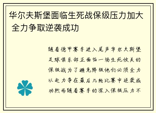 华尔夫斯堡面临生死战保级压力加大 全力争取逆袭成功