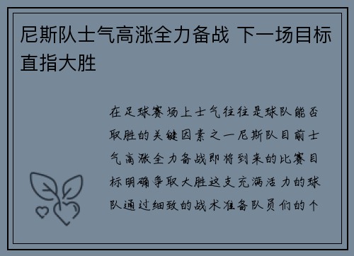 尼斯队士气高涨全力备战 下一场目标直指大胜