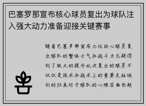 巴塞罗那宣布核心球员复出为球队注入强大动力准备迎接关键赛事