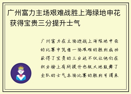 广州富力主场艰难战胜上海绿地申花 获得宝贵三分提升士气