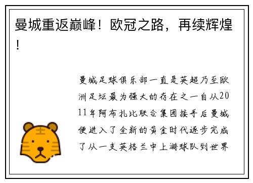 曼城重返巅峰！欧冠之路，再续辉煌！