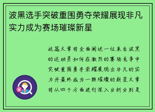 波黑选手突破重围勇夺荣耀展现非凡实力成为赛场璀璨新星