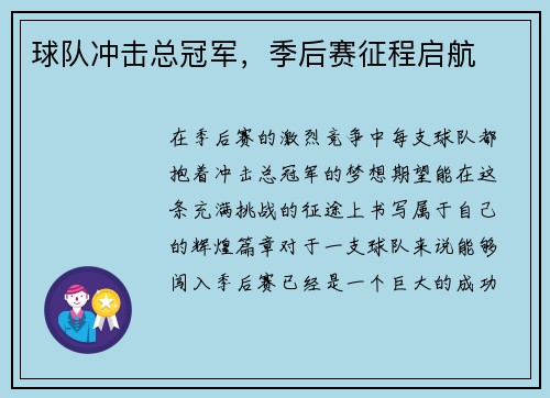 球队冲击总冠军，季后赛征程启航