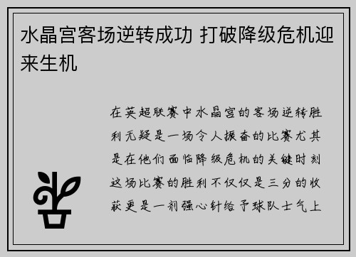 水晶宫客场逆转成功 打破降级危机迎来生机