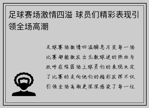 足球赛场激情四溢 球员们精彩表现引领全场高潮